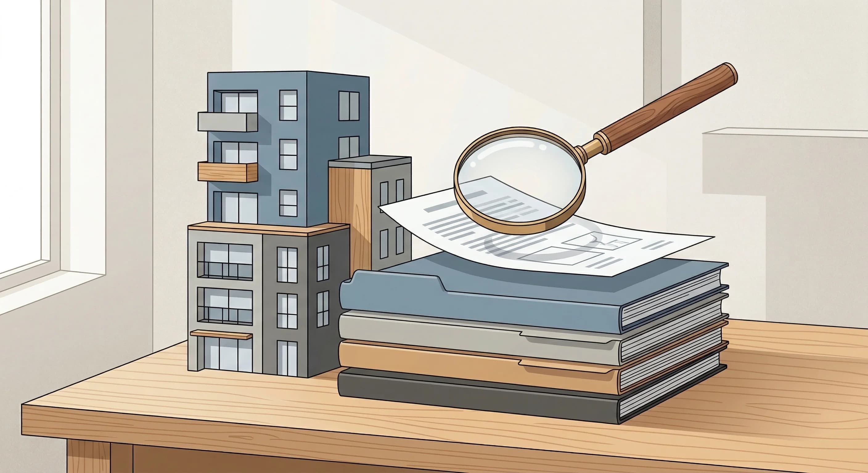 A clean editorial illustration featuring a stylized magnifying glass hovering over a stack of organized folders and paper documents. The color palette is limited to muted blues, greys, and warm wood t