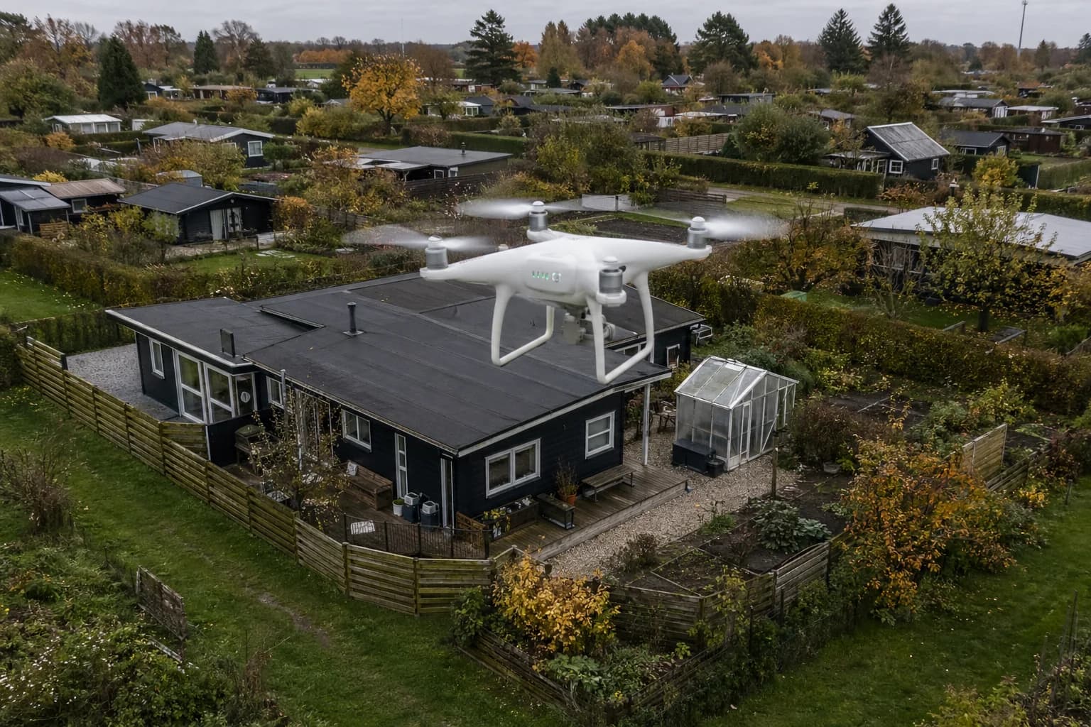 Dronefoto af overdimensioneret kolonihavehus i Vejle