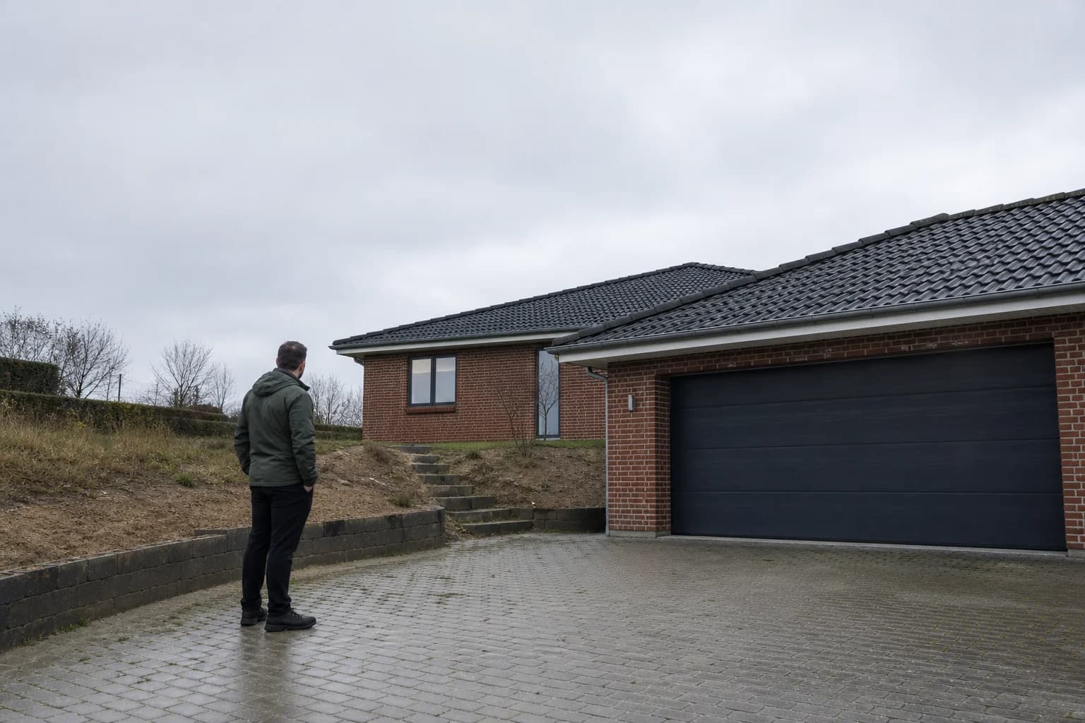 Nybygget garage placeret tæt på skel i et villakvarter.