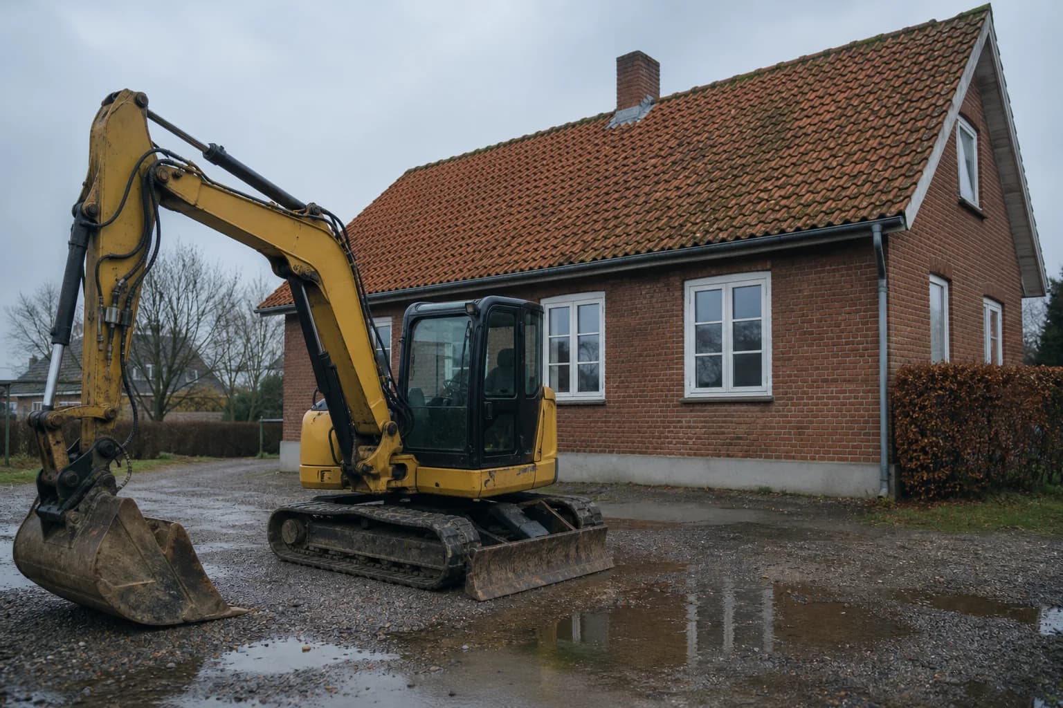 Små træudhuse på en grund i et sommerhusområde.