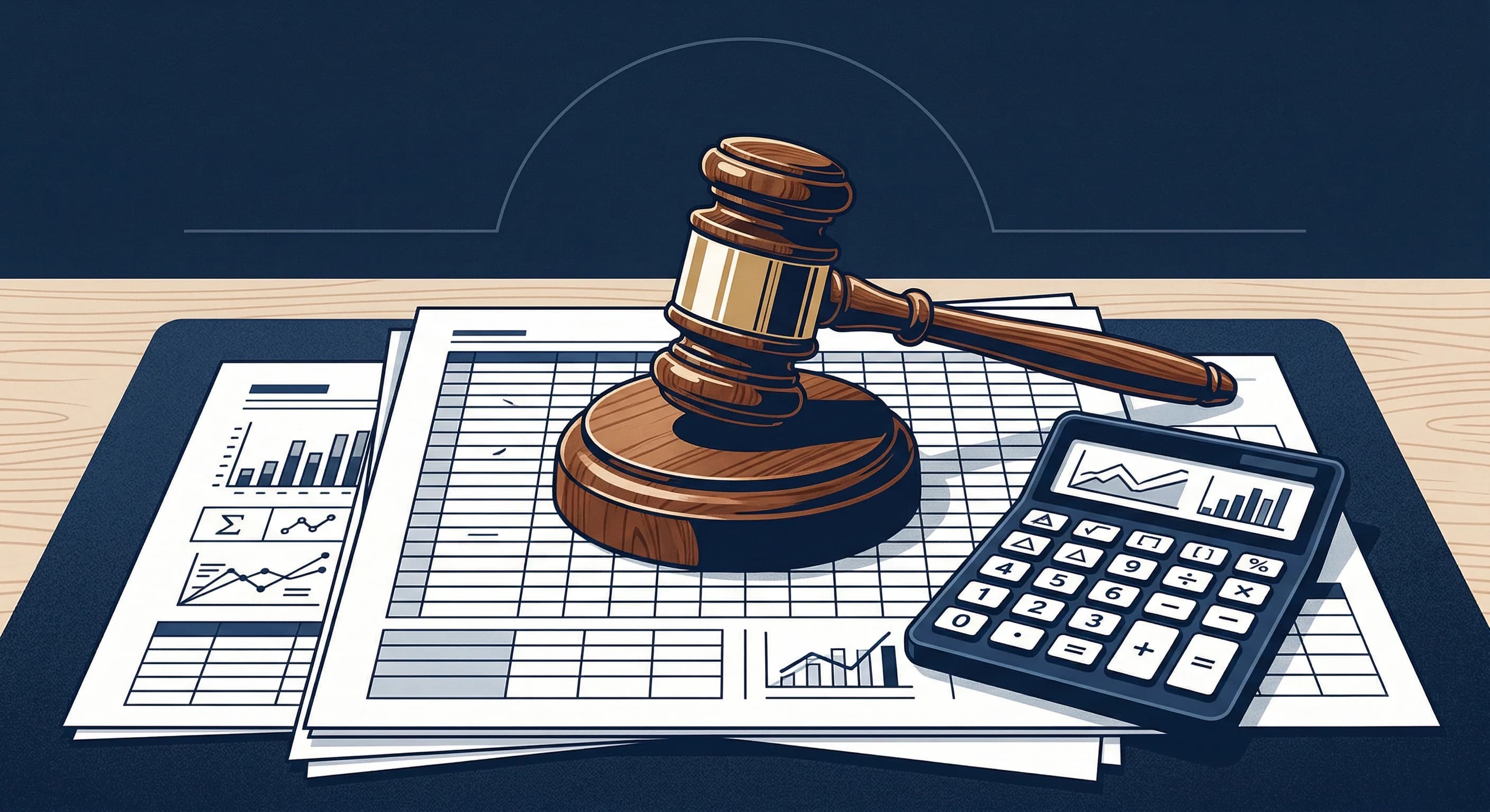 A photorealistic close-up of a polished wooden judge's gavel resting on a stack of thick legal documents and financial contracts. The scene is set on a classic mahogany desk inside a traditional Europ