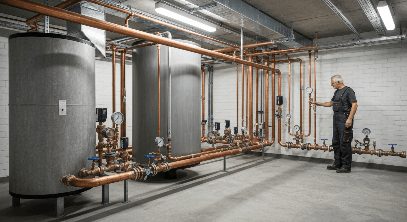 Tekniske rørinstallationer og varmtvandsbeholder i en ejendomskælder.