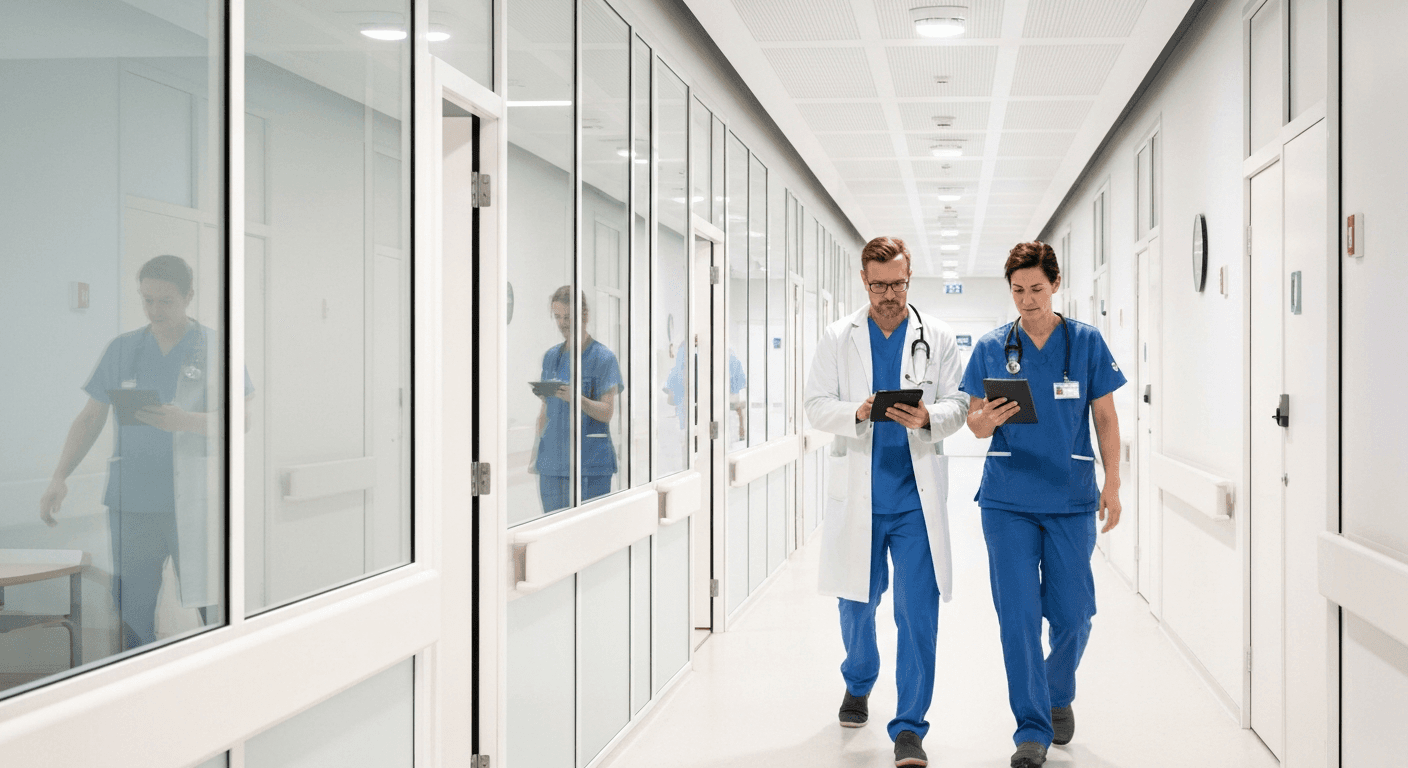 Sundhedspersonale på et dansk sygehus hvor vikarlæger indgår i den daglige drift.