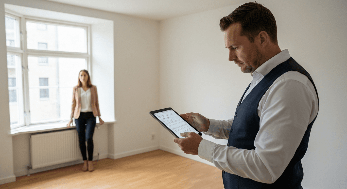 En udlejer gennemgår dokumenter på en tablet under et flyttesyn i en lejlighed.