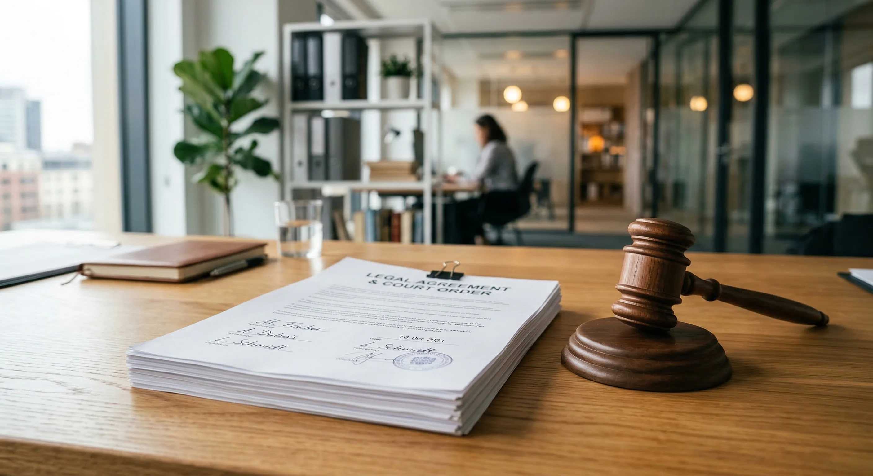 A photorealistic close-up shot of a polished oak desk in a modern European office. On the desk lies a stack of signed legal contracts and a wooden gavel resting on its block, symbolizing management au