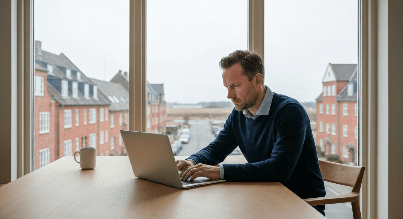 En direktør sidder ved et skrivebord i hjemmet og arbejder på en bærbar computer.