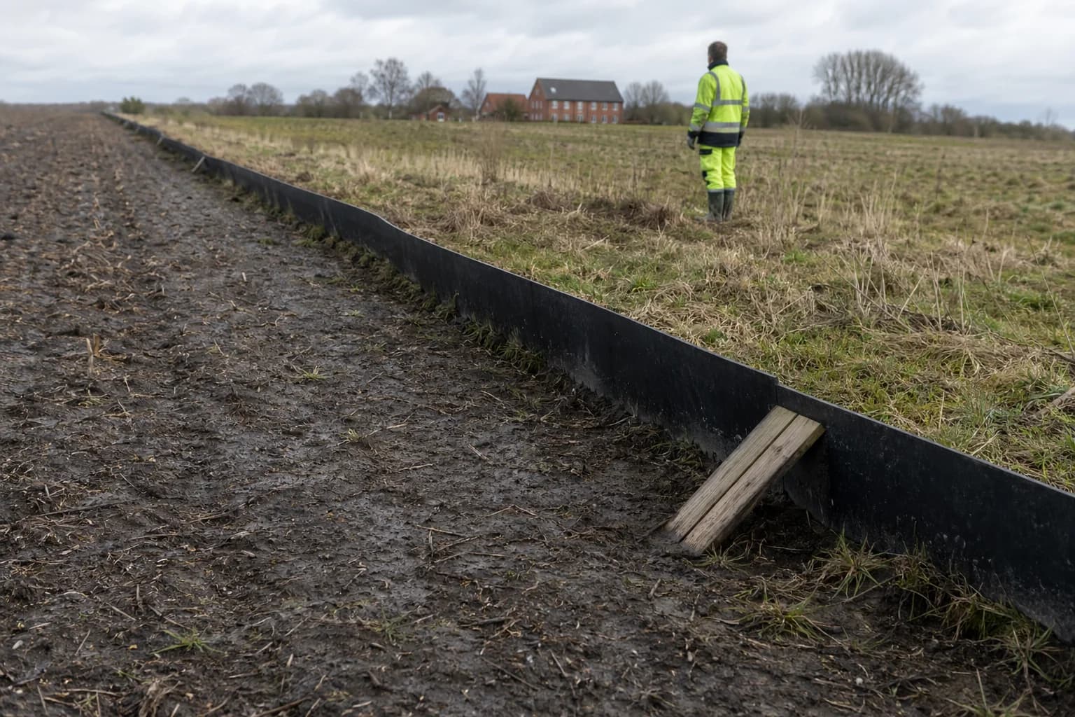 Solcellepark i grønt landskab med afskærmende beplantning