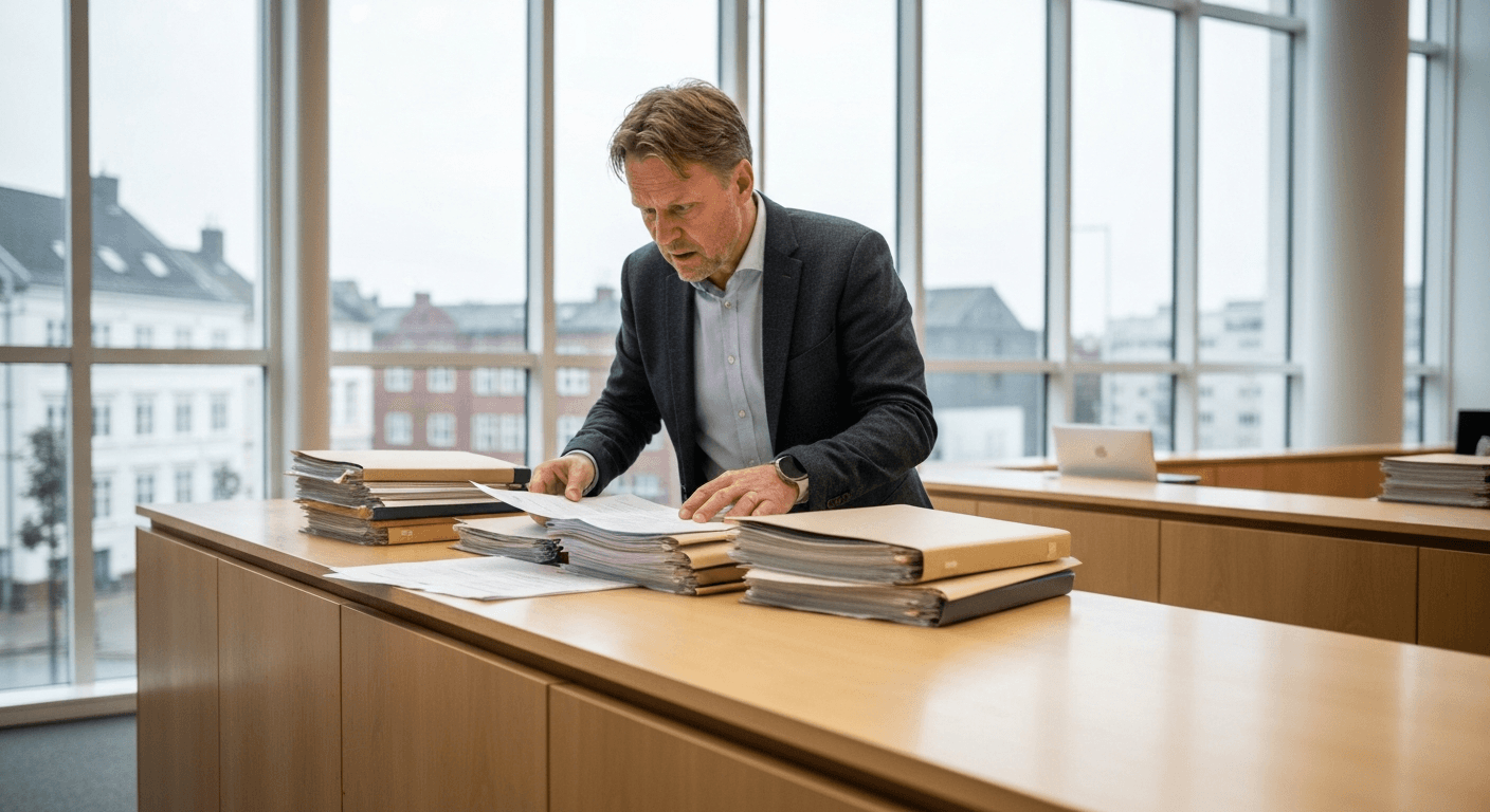 En far gennemgår sagsakter ved et skrivebord i forbindelse med en klagesag