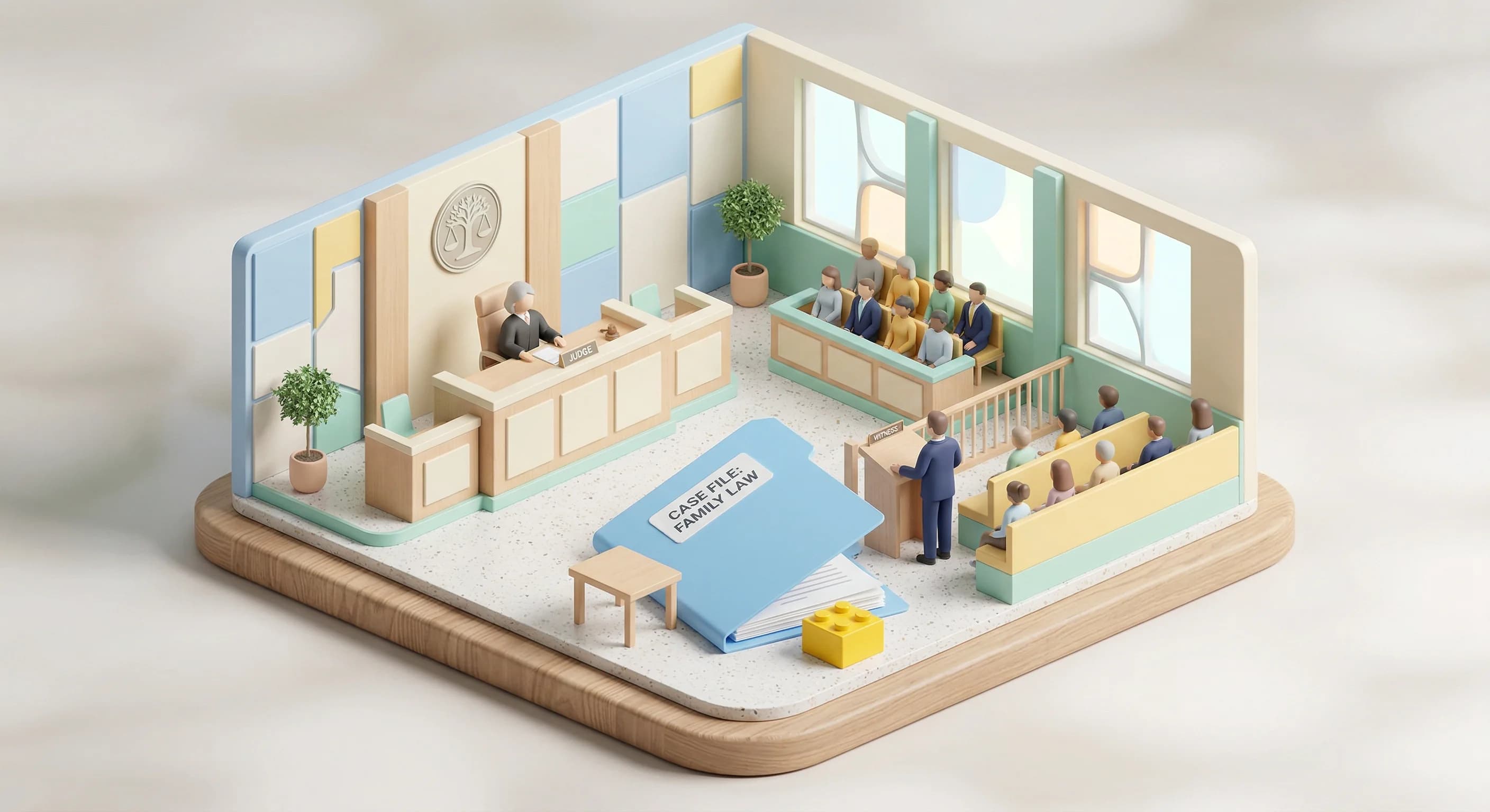 Træhammer og lovbog på et dommerbord.